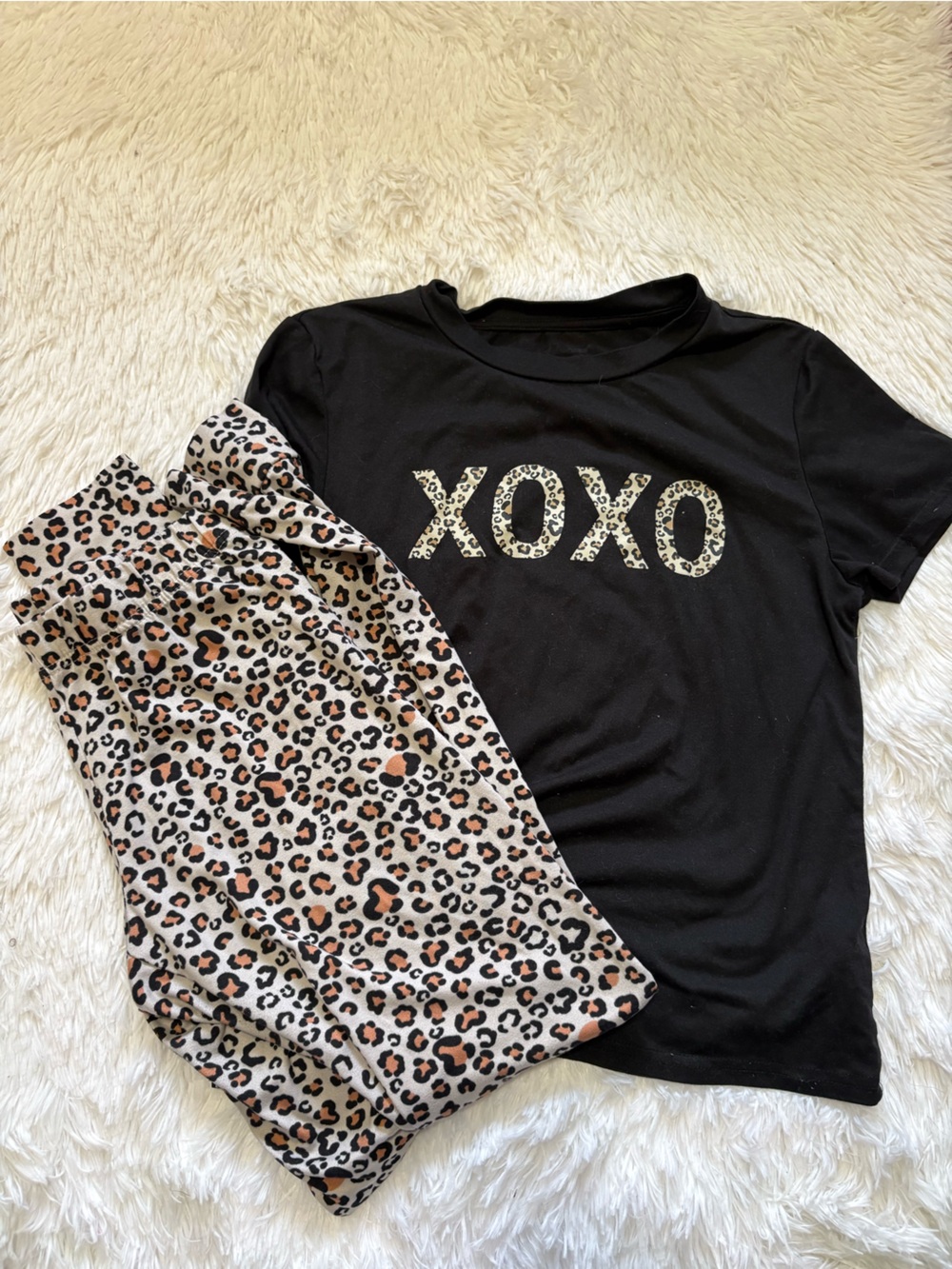 Black 'XOXO' Tee with Leopard Print Pants